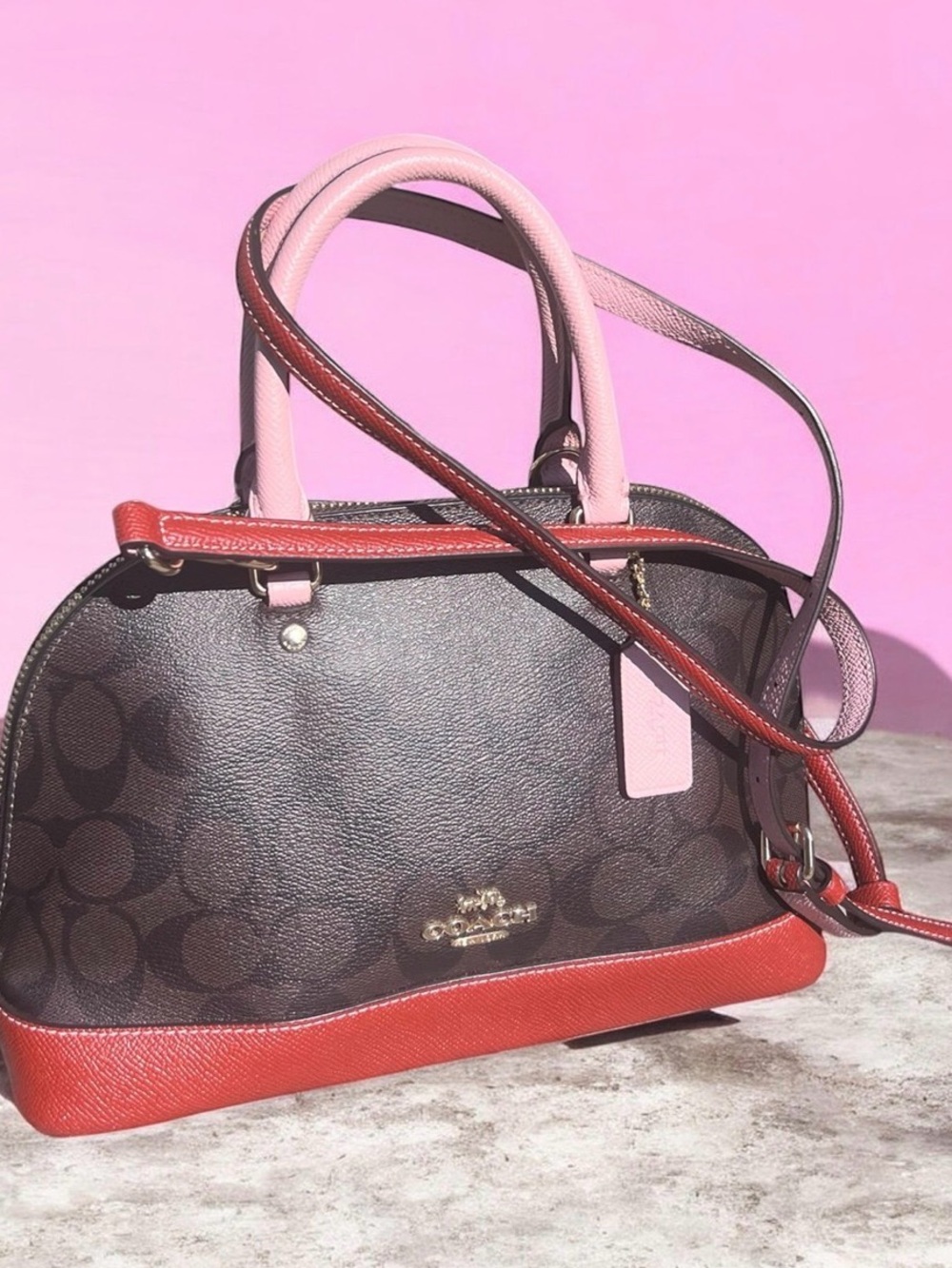 COACH mini sierra with Pink Handles & Red Trim EUC